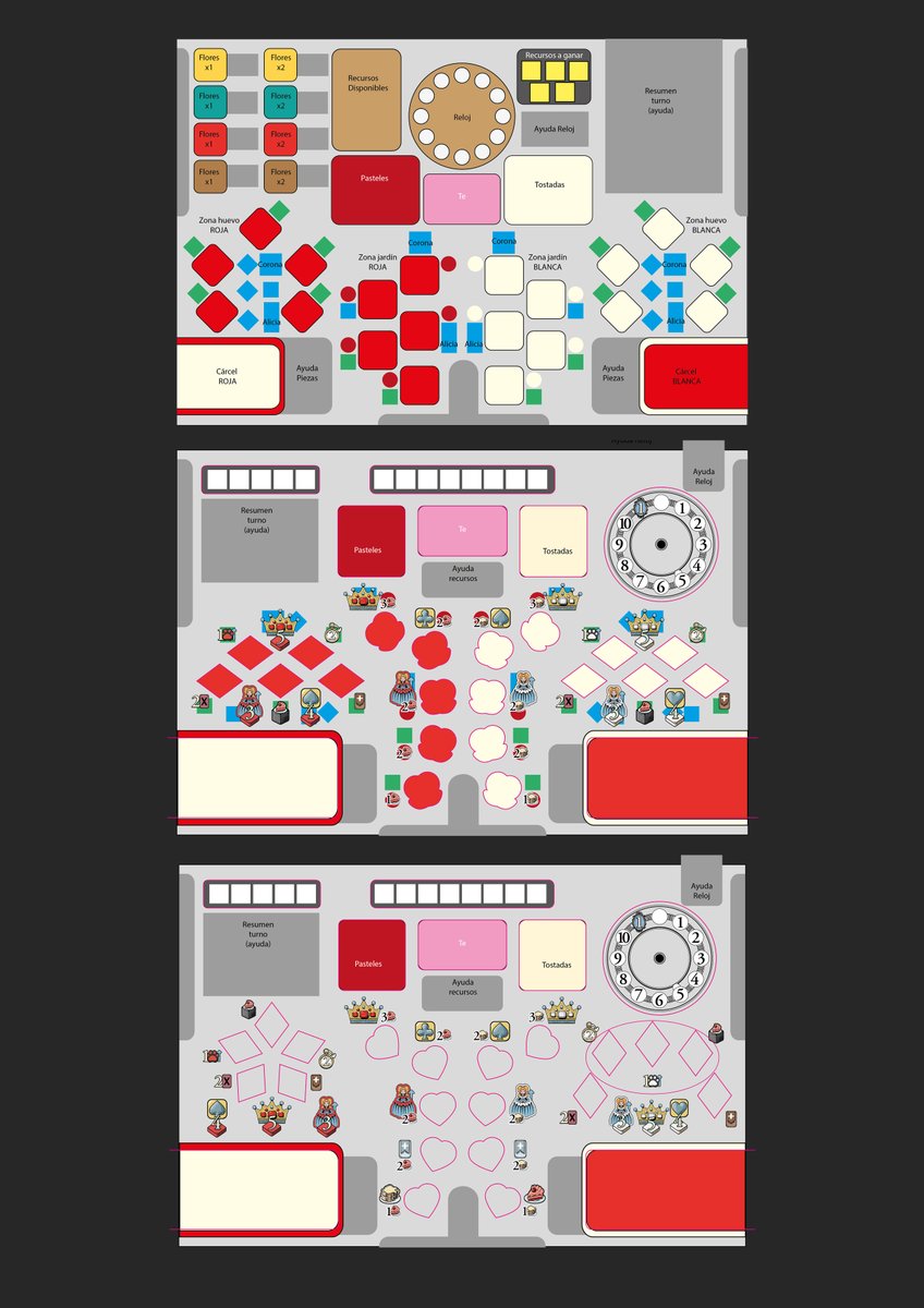 IvanIserte's tweet photo. Os dejo otra muestra de proceso de diseño (e ilustración) de #QueenAlice. Esta vez, los tableros personales. Un auténtico puzzle para organizar la información y optimizar el espacio de un tablero de doble capa (que tiene ciertas reglas espaciales que hay que respetar). https://t.co/sTmrNhf7oM
