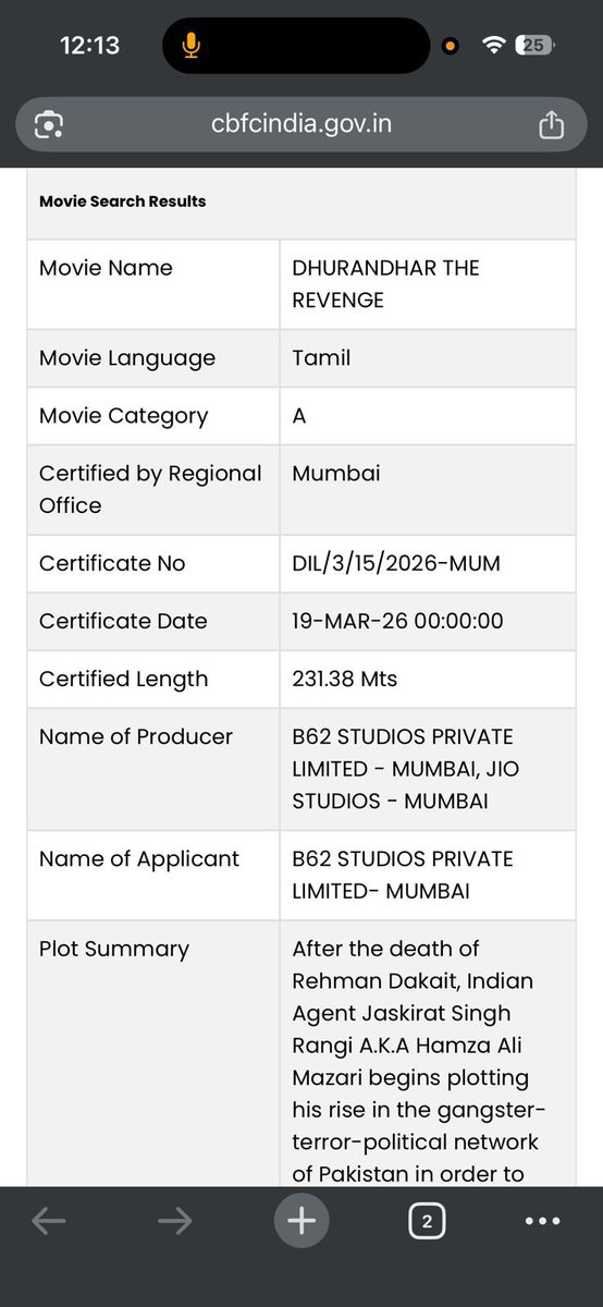 #Dhurandhar2 Tamil censored