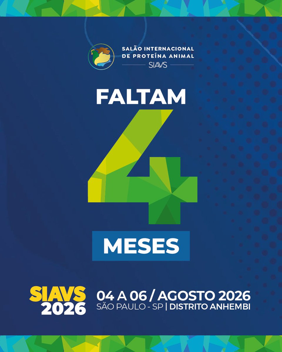 Faltam 4 meses para o SIAVS 2026! 

📅 04 a 06 de agosto
📍 Distrito Anhembi – São Paulo (SP)

Garanta sua participação:
🔗 siavs.com.br

#SIAVS2026 #SIAVS #ABPA