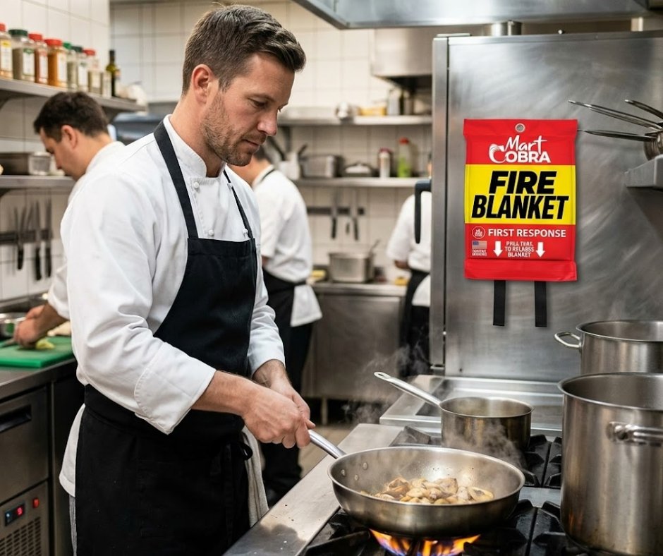 When the orders are piling up and the stoves are at full capacity, a grease flare-up can turn into a disaster in seconds.

As shown in our latest look at a professional line, the Mart Cobra Fire Blanket is positioned exactly where it belongs: within arm's reach.