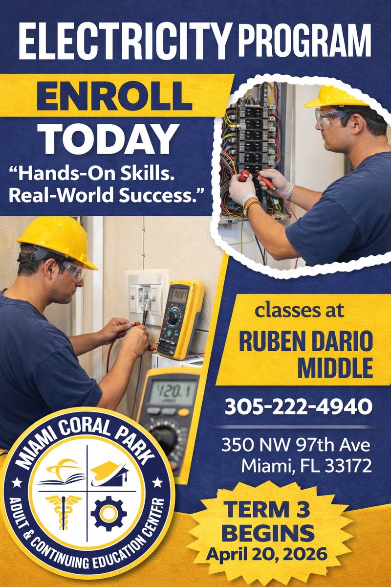 CoralParkAdult's tweet image. Power up your future with Electricity! Get hands-on training, learn in-demand skills, and spark a career that pays. 🔌#EnrollToday #Electricity #Trades #CareerReady #Trades #Carpentry #BuildYourFuture
@suptDotres
@mantilla1776
@fox1914
@susymauri
@mjlewis13
#YourBestChoiceMDCPS