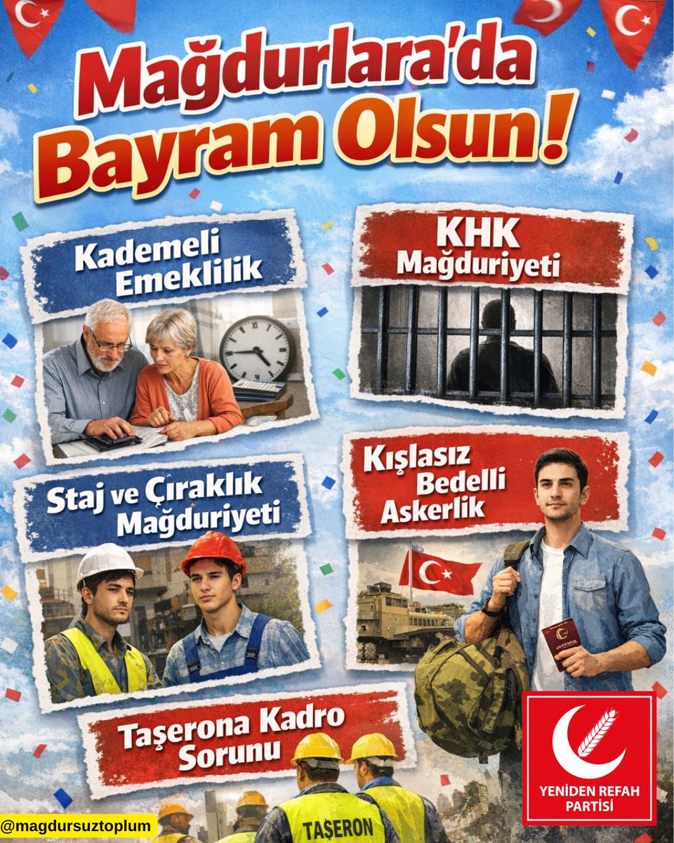 Meclis gereğini yapmalı..
Mağdurlar’da Bayramı yaşamalı ‼️

▪️Kademeli Emeklilik
▪️KHK Mağduriyeti
▪️Staj ve Çıraklık Mağduriyeti
▪️Kışlasız Bedelli Askerlik
▪️Taşerona Kadro Sorunu

<a href="/erbakanfatih/">Dr. Fatih Erbakan</a> <a href="/melihguuner/">Melih Güner</a>