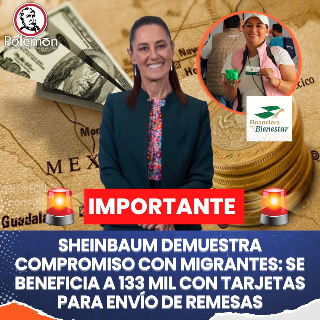 🚨 #IMPORTANTE | La Presidenta <a href="/Claudiashein/">Claudia Sheinbaum Pardo</a>  demostró su compromiso con las y los migrantes y a través de la <a href="/FinabienMex/">Financiera para el Bienestar México</a>  superó su meta de colocación de tarjetas para el envío de remesas, que era de 100 mil, al alcanzar 132 mil 837 plásticos.

Nota 👇
polemon.mx/sheinbaum-demu…