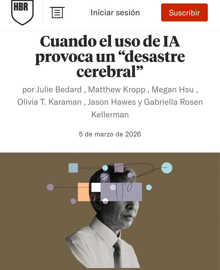 La IA debe ser nuestra aliada, no la fuente de agotamiento  La productividad no es cuántas herramientas usas, sino la claridad mental y salud cognitiva: sin un "cerebro frito"  

El reto: diseño humano del trabajo: menos ruido, más enfoque y consciencia hbr.org/2026/03/when-u…