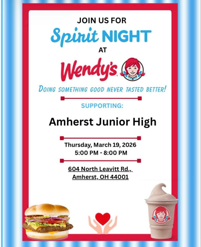 ajhpto's tweet photo. 💚💛 TONIGHT IS SPIRIT NIGHT AT WENDY’s💛💚

Come grab a burger, fries, and your favorite treat while supporting AJH PTO!

📅 Thursday, March 19, 2026
⏰ 5:00 PM – 8:00 PM
📍 604 North Leavitt Rd., Amherst, OH 44001

Bring your family, invite your friends, &amp; show your  support! https://t.co/9gHhpZPVpt