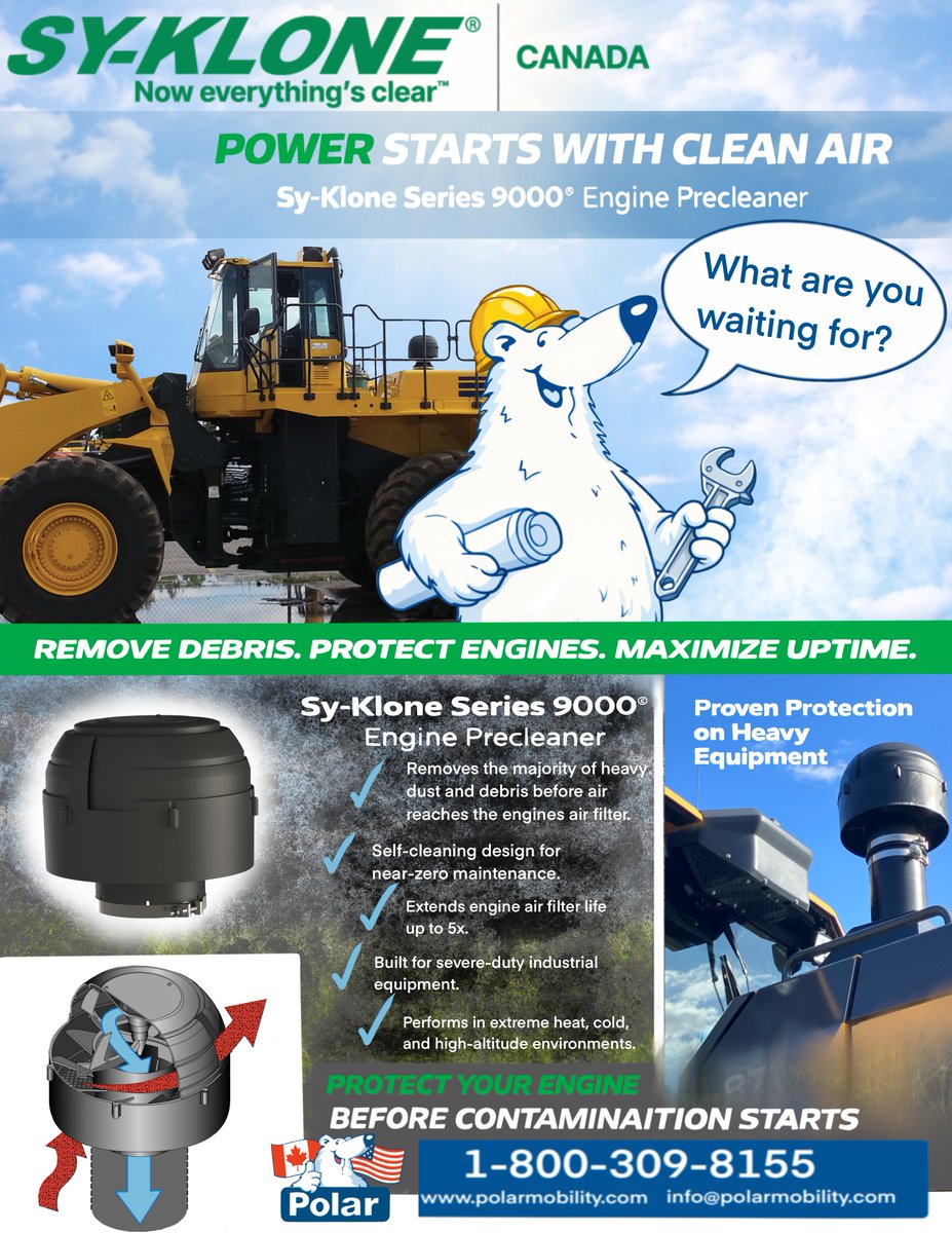 MobilityPolar's tweet photo. Don’t Wait for Problems...Prevent Them!!!

The Sy-Klone Series 9000® removes contaminants before they reach your engine, extending filter life and maximizing performance in the harshest conditions.

1-800-309-8155
https://t.co/AihJxGS69d
info@polarmobility.com https://t.co/YX0eeLTREd