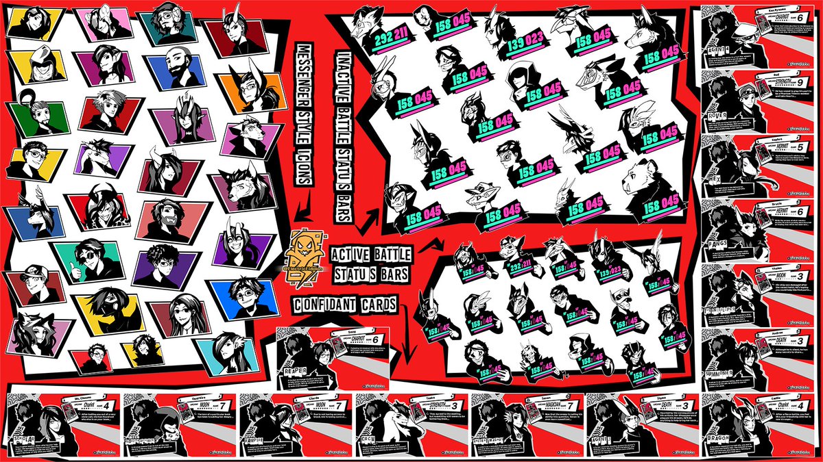 Collage of all the Persona 5 style icons and confidant cards I've done to date
