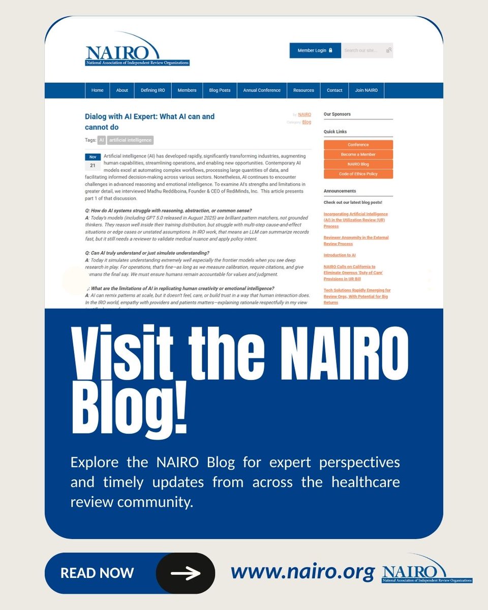 Explore the NAIRO Blog for expert perspectives and timely updates from across the healthcare review community. Stay informed on the issues shaping our industry.
Read more: bit.ly/4j3mmhr

#NAIRO #HealthcareReview