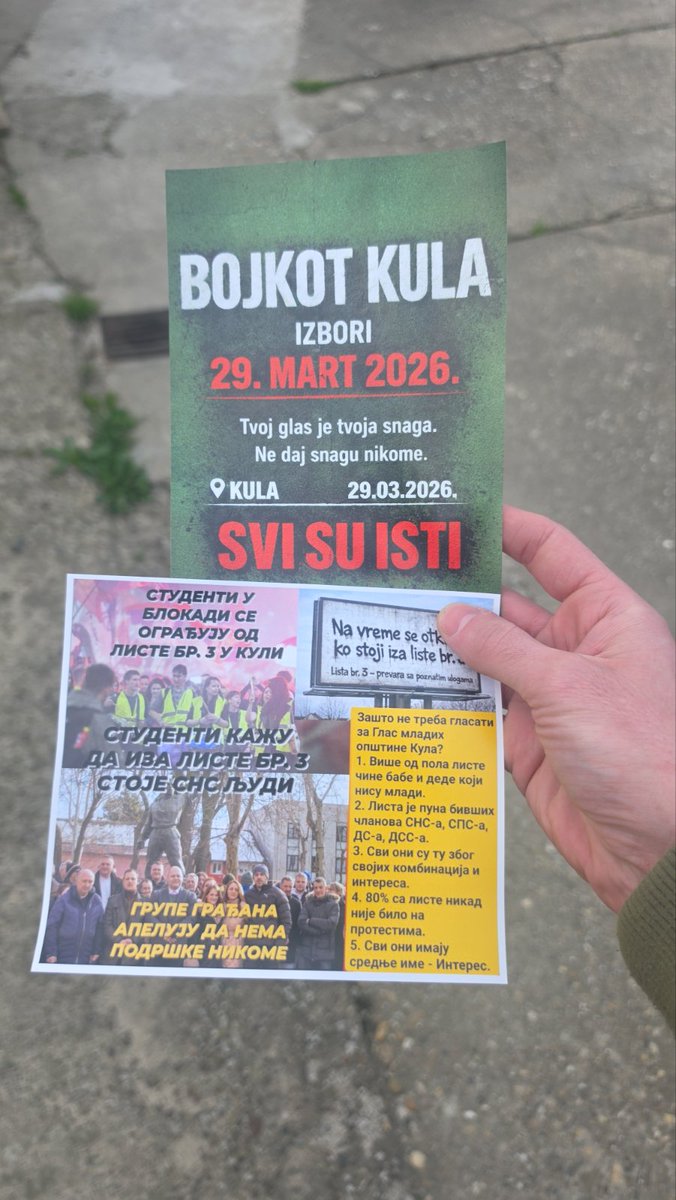 Pe_zla's tweet image. Srpska narko stranka u Kuli stavlja u svako poštansko sanduče ove flajere na kojima pozivaju građane da ne izađu na izbore. Zatim su tri glasačka mesta pomerili daleko da građanima bude što dalje da glasaju. Oštećuju prostorije i reklame listi br. 3 "Glas mladih opštine Kula".😡