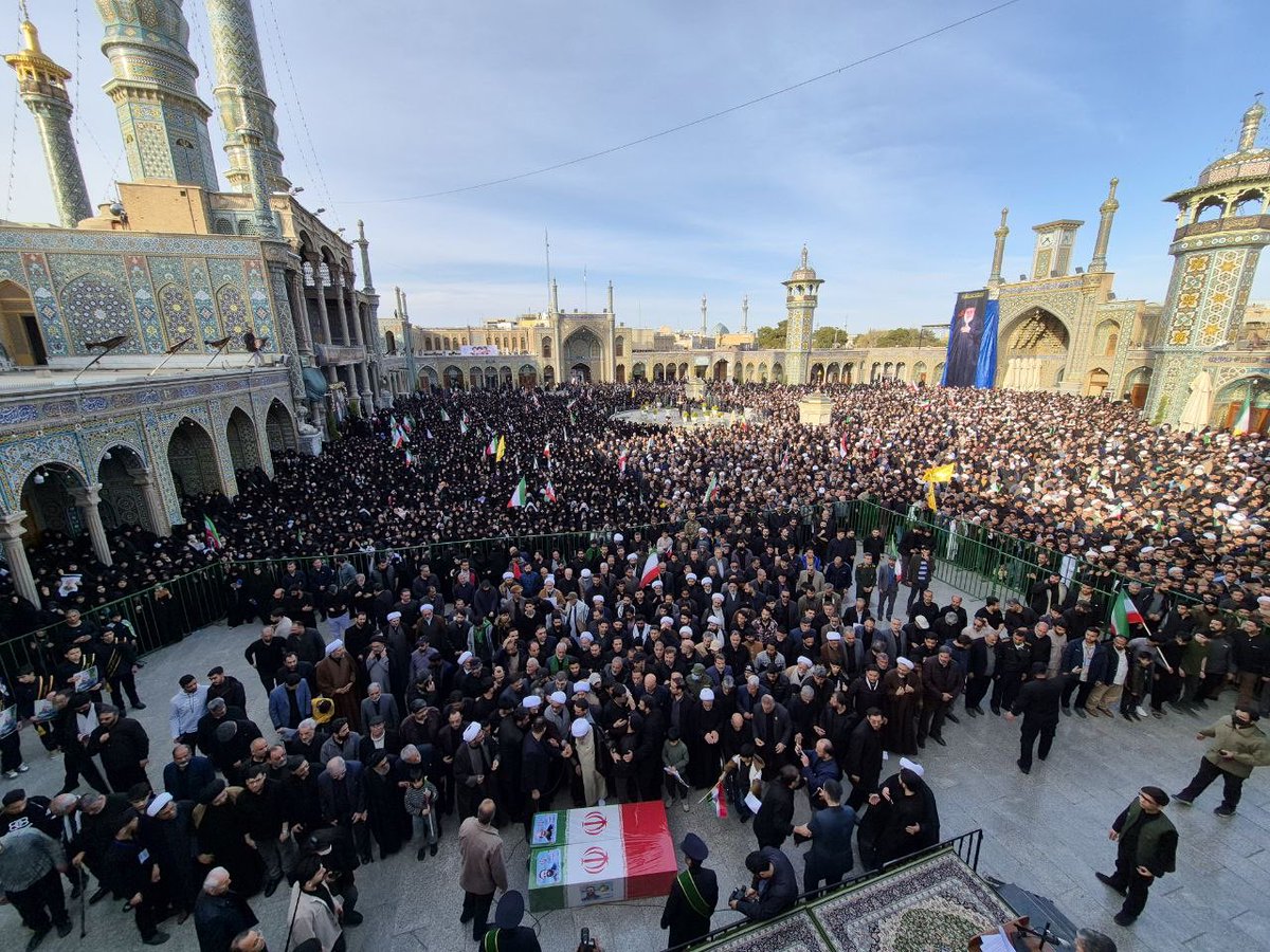 The funeral prayer over the bodies of the martyrs, Dr. Ali Larijani and Dr. Morteza Larijani, was led by Ayatollah Karimi Jahromi in the holy city of Qom 🇮🇷