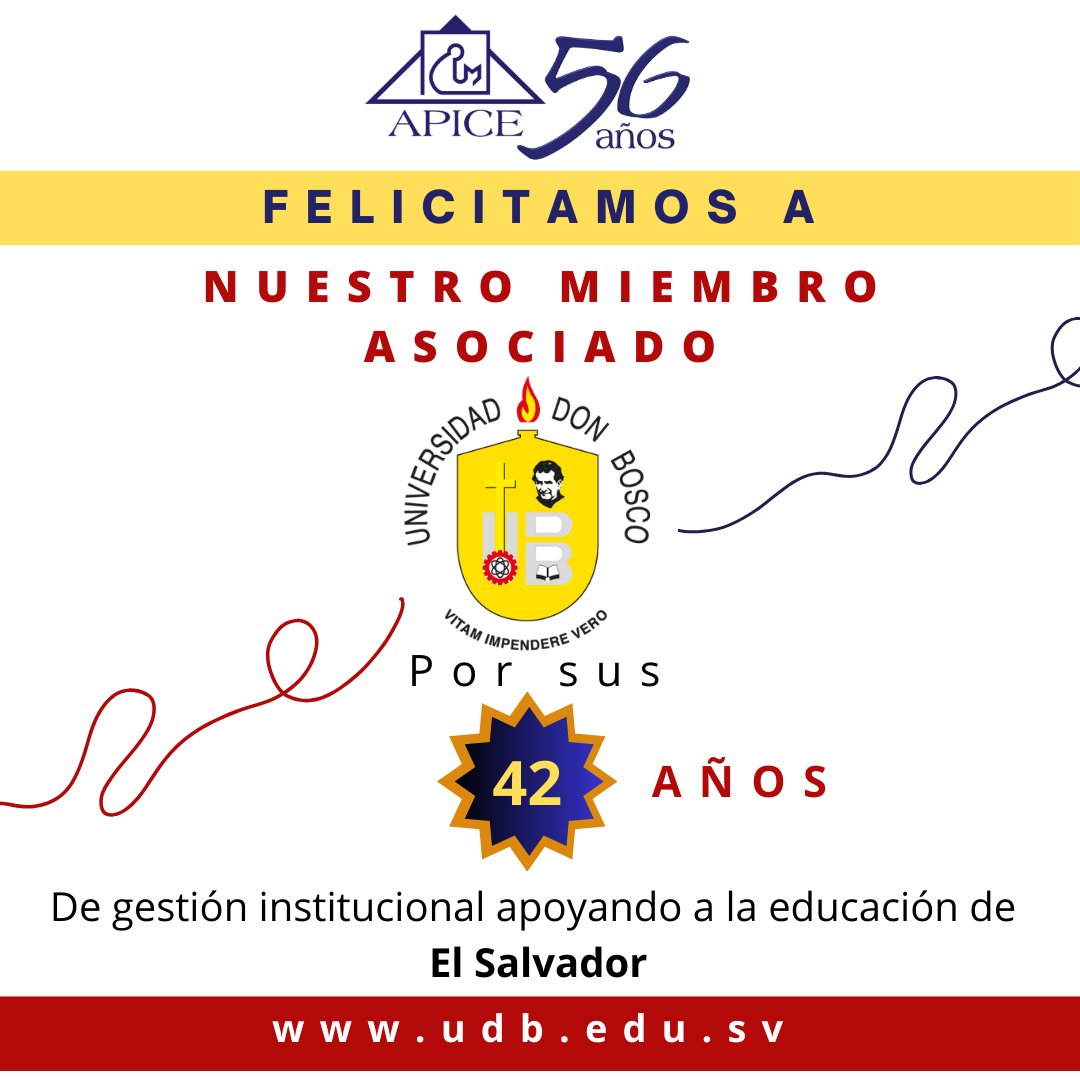 apice1969's tweet photo. Felicitamos a nuestro Miembro Asociado, la Universidad Don Bosco - UDB, por sus 42 años de gestión institucional en favor de la comunidad educativa de El Salvador.

Mayor información:

https://t.co/VpHYNxR5iz https://t.co/eKrvNfNOfU