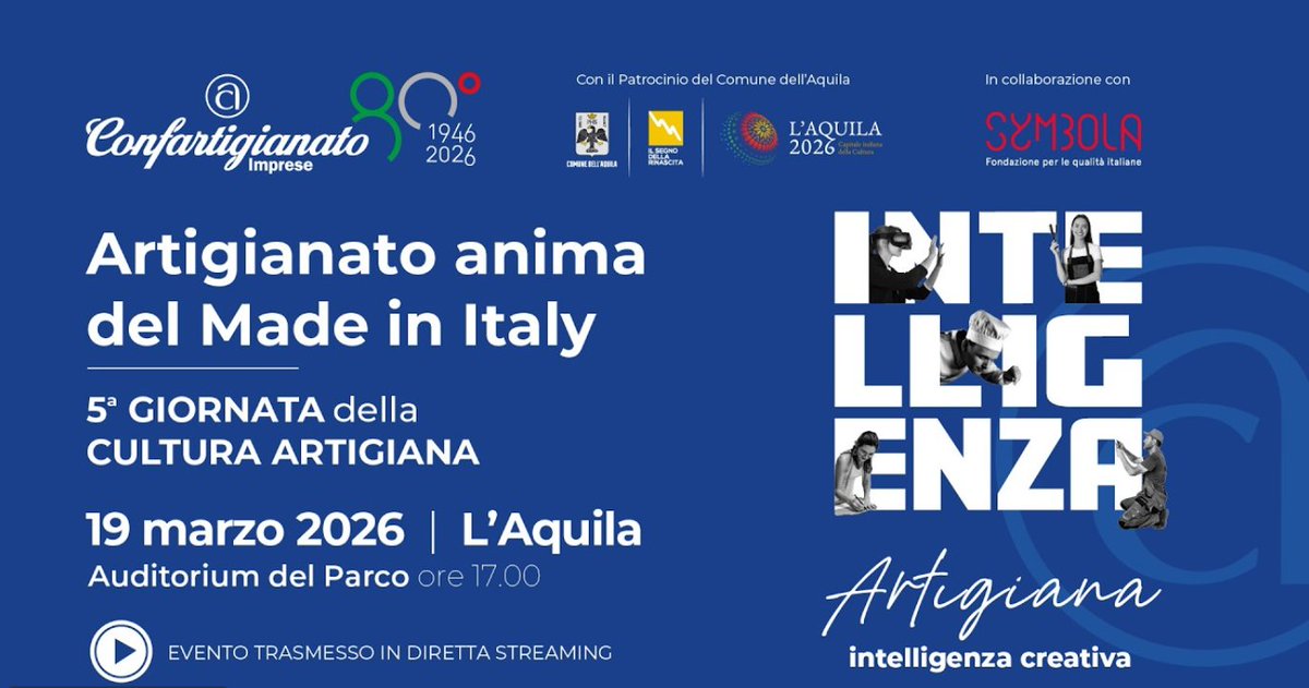 mimit_gov's tweet image. 📌Il ministro @adolfo_urso, alle ore 17.30, interviene al convegno “Artigianato anima del made in Italy” organizzato da @confartigianato in occasione della 5ª edizione della Giornata della cultura artigiana a #LAquila.
Diretta streaming👉🏻youtube.com/live/pUjZ60XF4…