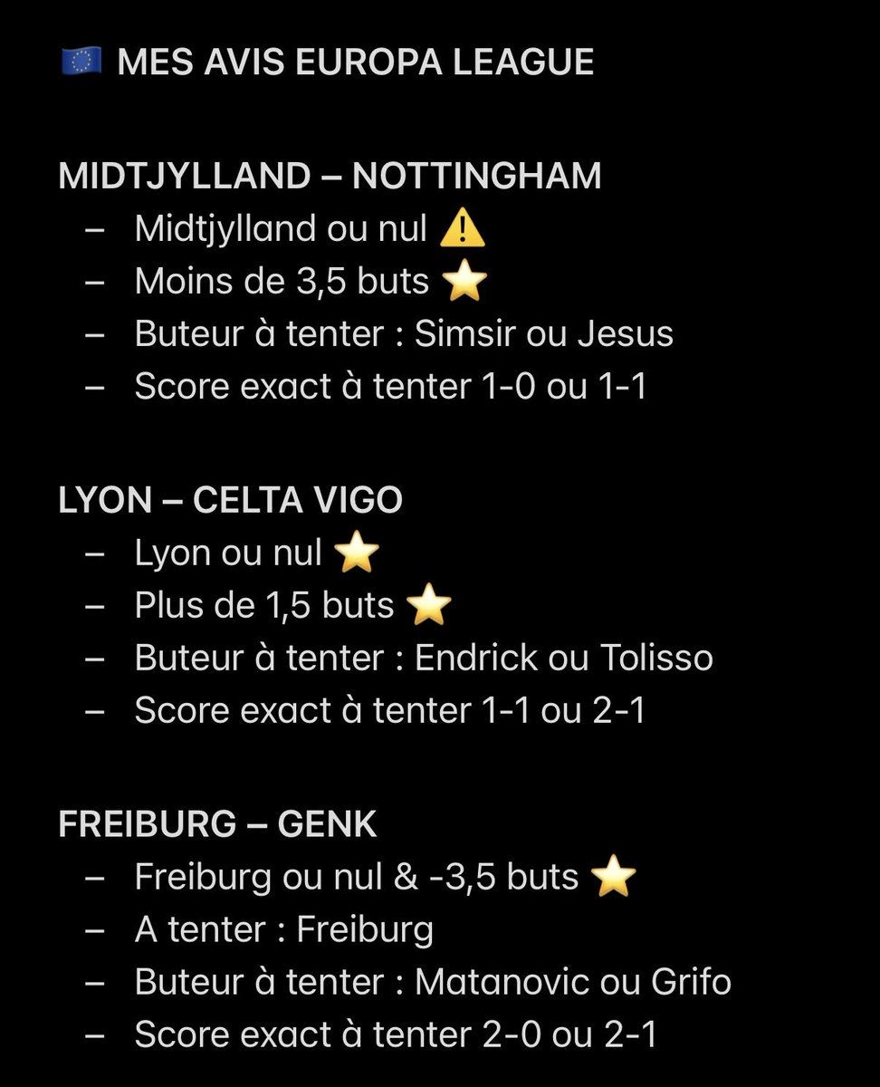 NtkPronos's tweet photo. 🇪🇺 Mes avis Europa League !

⚠️ Match à éviter
⭐️ Petite confiance
⭐️⭐️ Bonne confiance

❤️ Pense au p’tit LIKE pour le travail :) https://t.co/5CrcKO1jzI