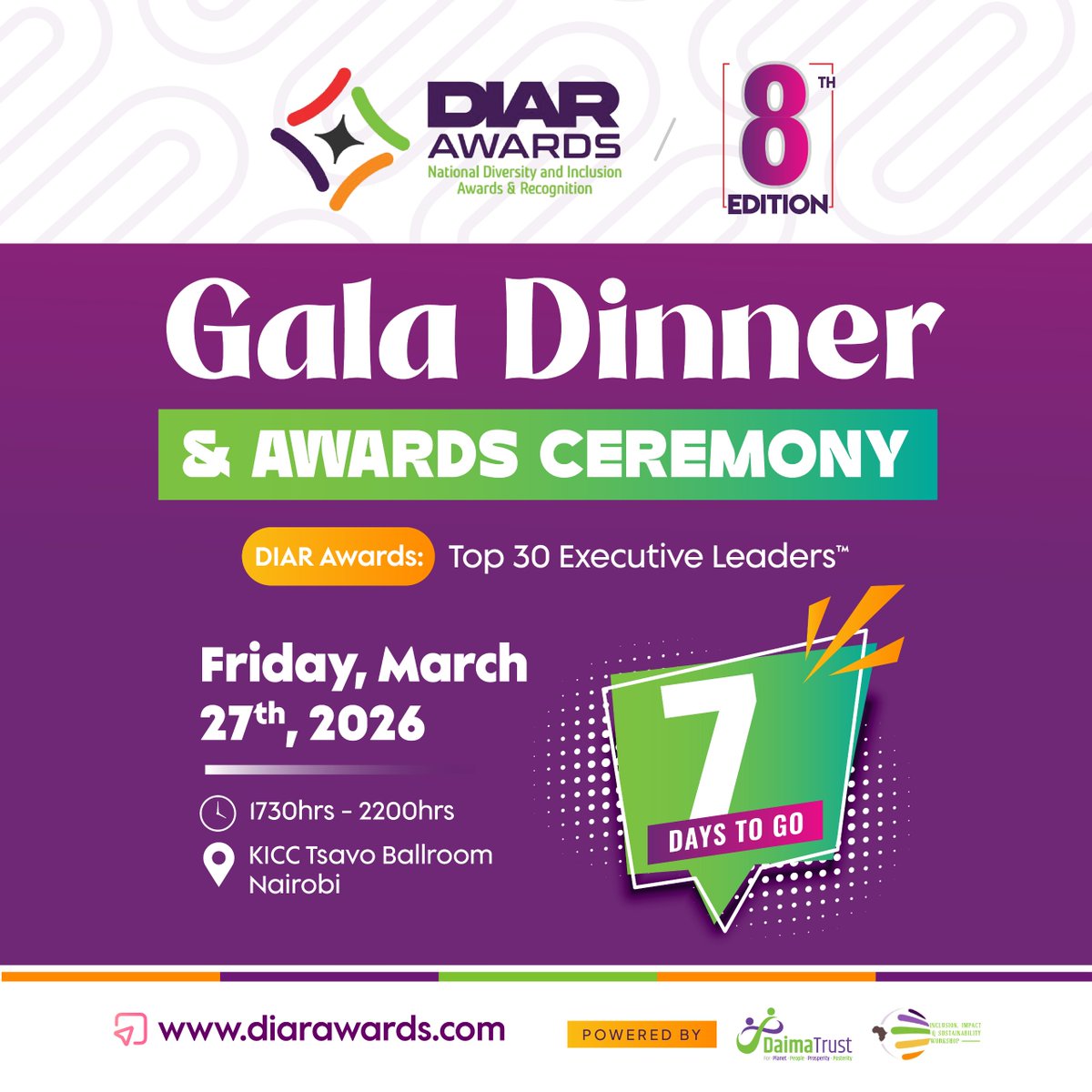 DIAR_Awards's tweet photo. 7 Days to Go.

One week.

Seven days between today… and a night that will define conversations for the rest of the year.

Because the DIAR 8th Edition Gala Dinner & Awards Ceremony is not just about recognition — it is about redefining what leadership truly means in our time.

In a world driven by metrics, DIAR asks a deeper question:
Who is building systems that include?
Who is creating impact that lasts?
Who is leading for people, planet, and posterity?

In 7 days, those answers take the stage.

At the iconic Kenyatta International Convention Centre, a powerful national moment will unfold — where Kenya’s most forward-looking organizations and leaders will be seen, celebrated, and set apart.
Not for noise.
But for substance.

This is where:
👉Vision meets validation
👉Impact meets recognition
👉Leadership meets legacy

📅 Friday, March 27, 2026
📍 Tsavo Ballroom – KICC, Nairobi
⏰ From 5:30 PM

A Black Tie, invitation-based corporate gala curated for those who understand that leadership is not just about position — it is about responsibility.

The room is coming together. The question is — will you be part of this defining moment?

Contact Ms. June Koech on email at:
8thedition@diarawards.com
junekoech@diarawards.com
Cc: daimatrustltd@gmail.com

Or Call us on:
📞 +254 798 856 140 | +254 781 686 242

7 Days to Go.

This is DIAR. This is Daima Trust.

For the People.
For the Planet.
For Prosperity — for Posterity.