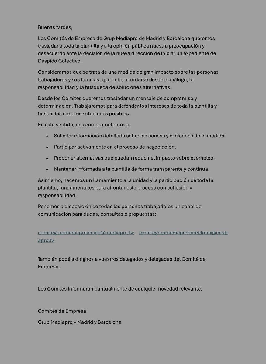 Los Comités de Empresa de Madrid y Barcelona rechazamos el despido colectivo anunciado. Defenderemos el empleo, exigiremos información y negociaremos alternativas. Llamamos a la unidad de la plantilla. #Mediapro #ERE