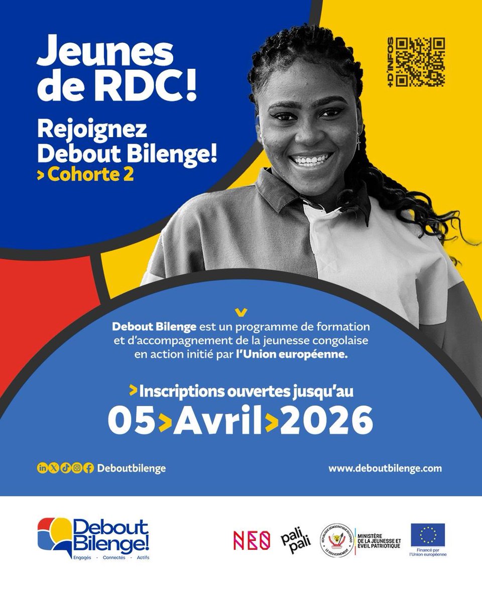 Projet de l'union européenne <a href="/ueenrdc/">UE en RDC🇪🇺</a>, rejoignez la plateforme <a href="/DeboutBilenge/">DEBOUT BILENGE !</a> cohorte 2 
Le formulaire à remplir est sur ce lien allinks.click/DeboutBilenge2…