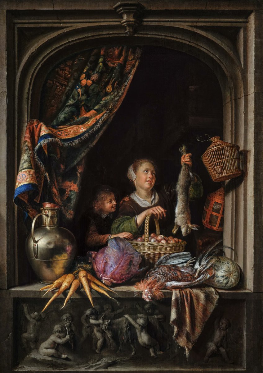 A Young Woman Holding a Hare with a Boy at a Window.
Gerrit Dou, 1653–57
