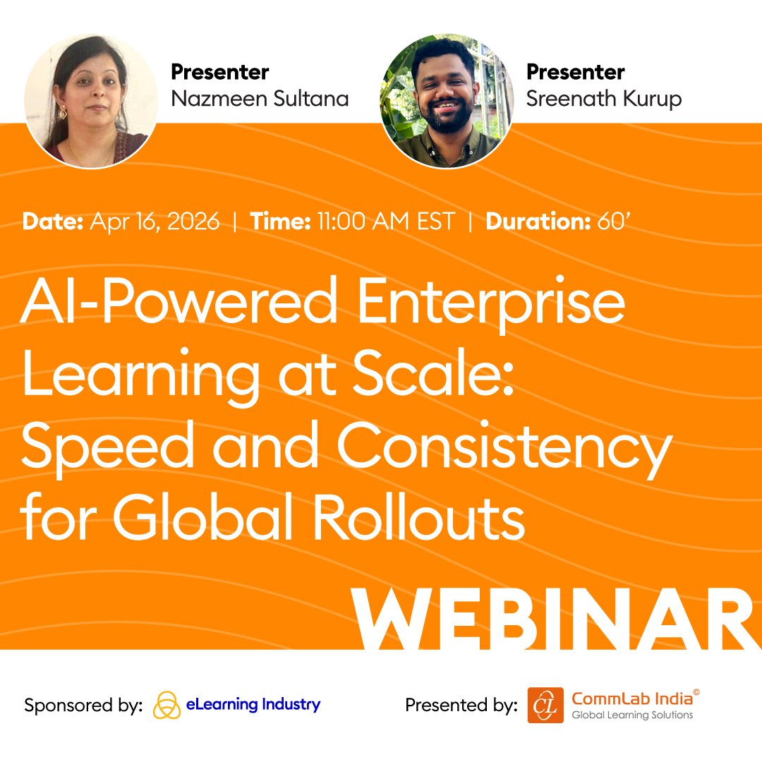 elearnindustry's tweet image. 👉 New webinar by @commlabindia on April 16 at 11:00AM EDT!

Join to discover how AI-powered enterprise learning can enhance execution and quality across large-scale training initiatives. 

Save your spot today: shorturl.at/AcWJa

#aipowered #enterpriselearning