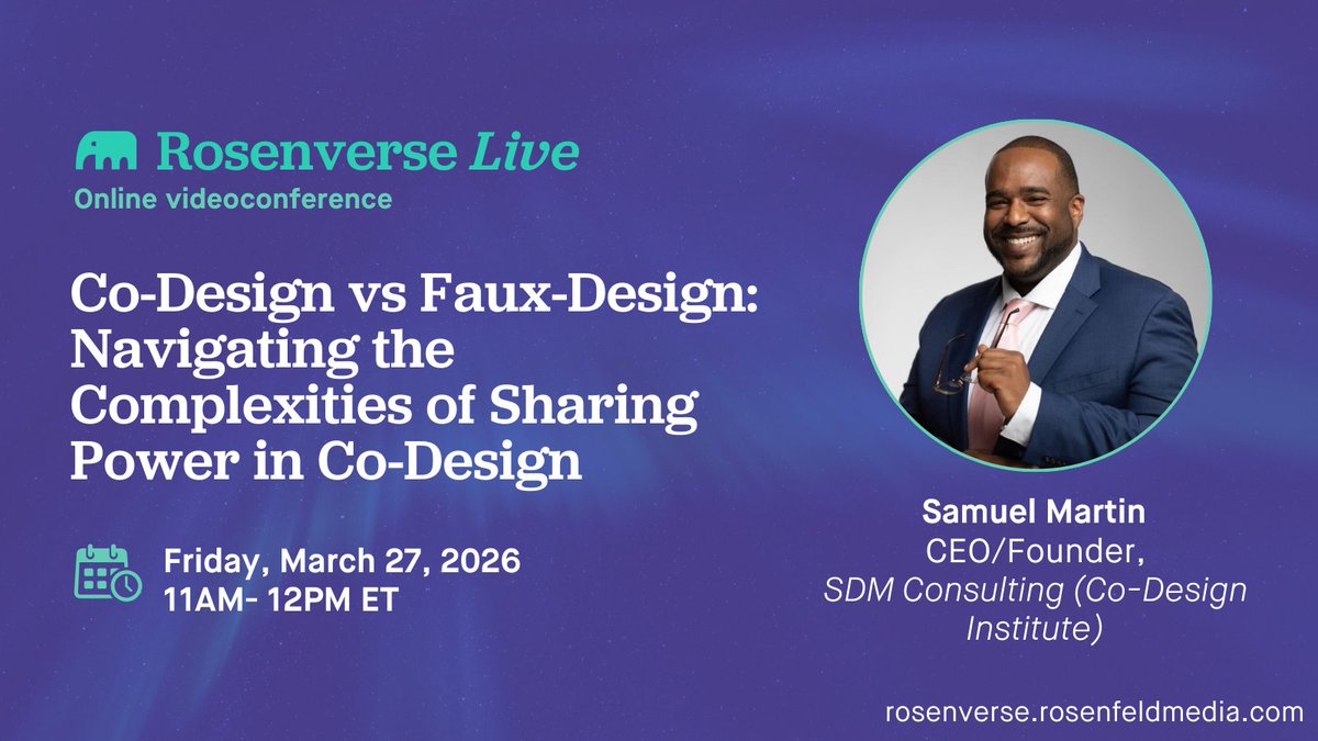 RosenfeldMedia's tweet image. Samuel Martin discusses the tensions, trade-offs, and barriers that make power sharing challenging. 

Join us to explore questions about who holds power and how to drive real change.

Sign up for free: rosenverse.rosenfeldmedia.com/videos/co-desi…
#CoDesign #PowerSharing #UXResearch