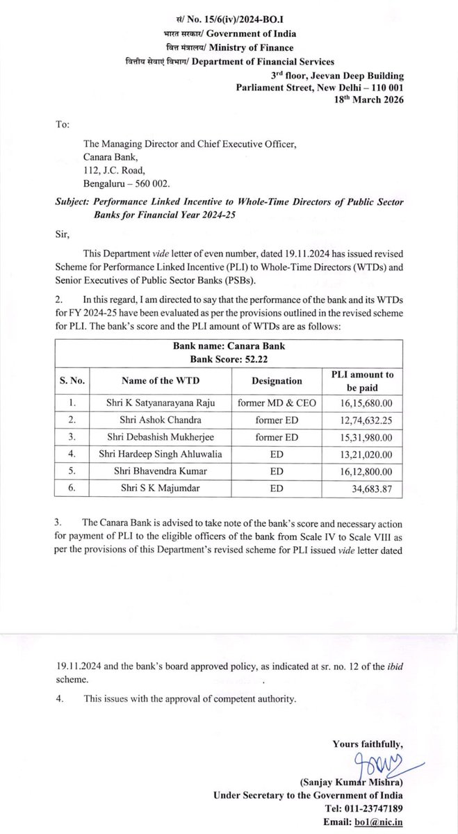 iNitinTyagi's tweet photo. 🚨PLI Reality Batch 4: CANARA BANK

Super boss gets ₹74 LAKH PLI
Staff gets 15 days salary

More PLI = More pressure
Brace for extreme targets ahead. 

@canarabank https://t.co/m7CV2lZz9v