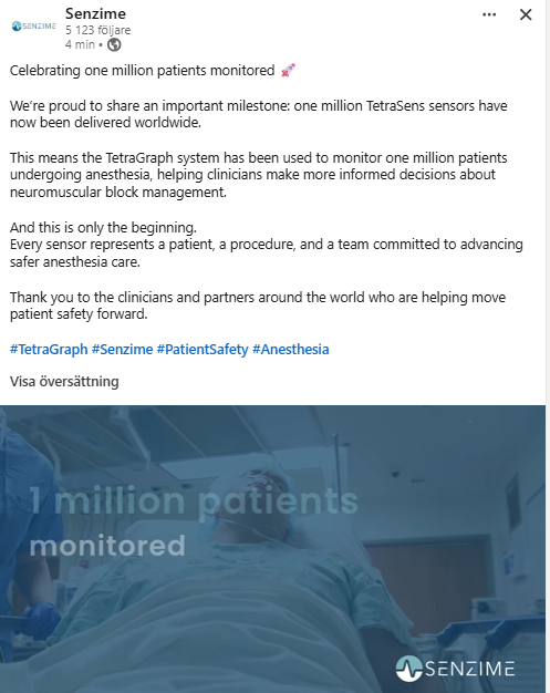 $SEZI firar 1 miljon levererade sensorer worldwide. Det innebär att 1 miljon personer har monitorerats med hjälp av deras TetraGraph. Gött. Hänger kvar ett tag till.