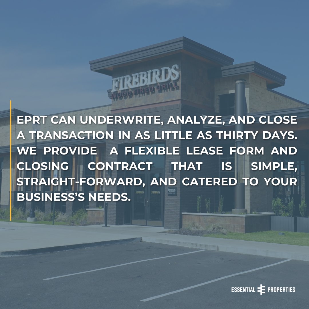 In the fast-paced world of commercial real estate, timing is everything. Our 30-day close offers the speed and certainty necessary to fund your next venture without conventional financing delays.

hubs.la/Q04634KH0
investments@essentialproperties.com