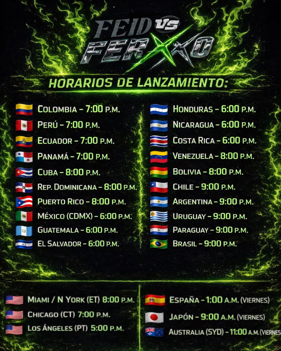 FeidReport's tweet photo. 🚨 HORARIOS OFICIALES DE LANZAMIENTO

EL GREEN PRINT: La Saga
(Disco 1) – FEID VS FERXXO

— El proyecto estará disponible simultáneamente en todo el mundo. 🌎 https://t.co/2GykLWOTfE