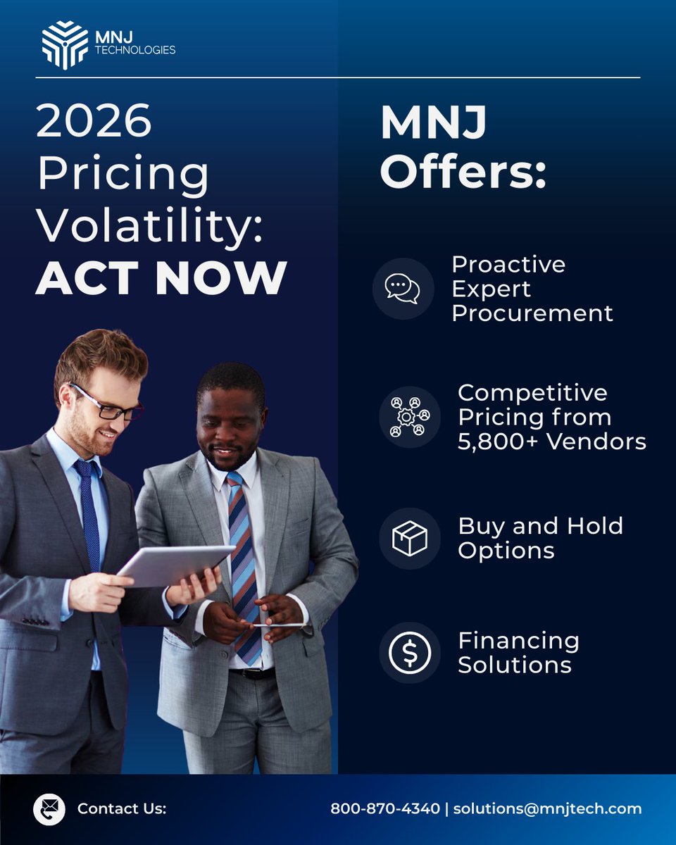MNJTechnologies's tweet photo. Pricing volatility doesn’t have to derail your IT plans.

As costs fluctuate across servers, storage, and infrastructure, MNJ helps customers plan smarter, act earlier, and stay ahead of surprise increases. Contact us today to lock in prices now.

#MemoryPricing #StoragePricing https://t.co/9oopeqC1vH