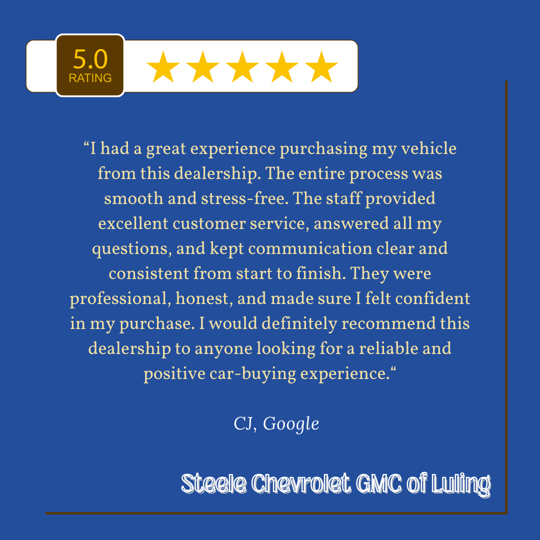 LulingChevrolet's tweet photo. CJ, thank you for your amazing review! Our team takes pride in providing excellent customer service, and it’s great to know that we made you feel confident in your purchase. Your recommendation means a lot to us, and we look forward to helping you again in the future! https://t.co/Ifpkas4kSe