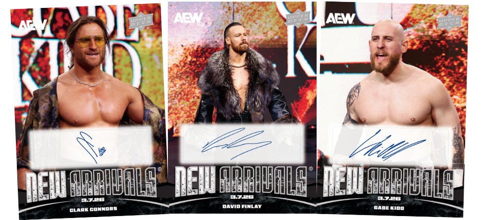 wrestlingcards's tweet image. Cards #13-15 of 2026 @UpperDeckSports AEW New Arrivals of @ClarkConnors, @THEdavidfinlay, @GabeKidd0115 are available to purchase in the Upper Deck E-pack store until 3/25/26. #AEW #UpperDeck #NewArrivals #WrestlingCards #WrestlingTradingCards