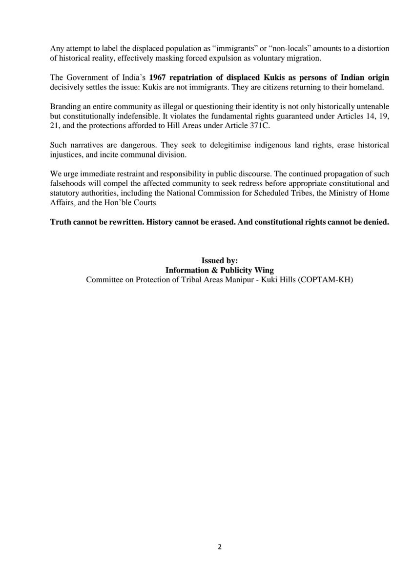 COPTAM-Kuki Hills denounces the press statement issued by Katho Katamnao Long  on 17 March and Tangkhul Aze Katamnao on 16 March, labelling it as a false and misleading statement.
<a href="/MIB_India/">Ministry of Information and Broadcasting</a> <a href="/HMOIndia/">गृहमंत्री कार्यालय, HMO India</a> <a href="/ukhrultimes/">Ukhrul Times</a> <a href="/ttindia/">The Telegraph</a> <a href="/the_hindu/">The Hindu</a> <a href="/ThePrintIndia/">ThePrintIndia</a> <a href="/thewire_in/">The Wire</a> <a href="/ANI/">ANI</a> <a href="/PTI_News/">Press Trust of India</a>
