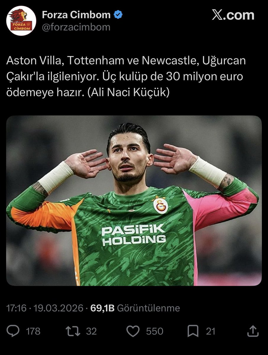 Daha dün demiştik çok belliydi üst düzey performans sergiledi. Uğurcan Çakır yazın Avrupa Yolcusu ✈️ 
Ama bu paralara satılmaz tabi fiyatların 50 milyon euroya çıkacağını düşünüyorum.
Sizce satılmalı mı böyle bir teklif gelirse?