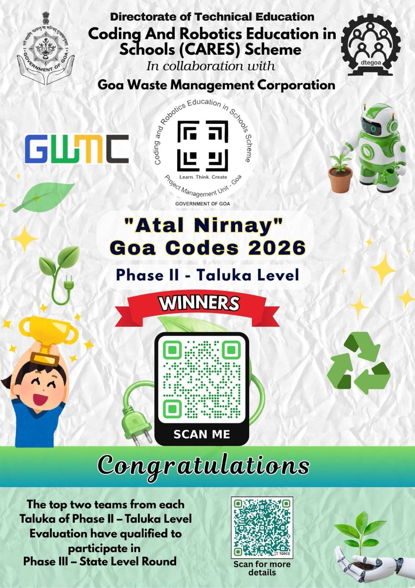 Congratulations to all the winners of Phase II – Taluka Level Evaluation!

Wishing all the Phase II winners the very best as you gear up for Phase III – the State Level Competition.

#cares #coding #robotics #education #schooleducation #goacodes2025 #goa