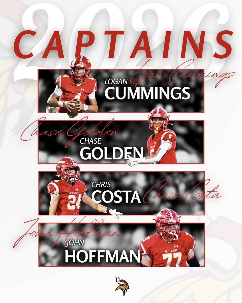 WCEastFootball's tweet photo. Introducing our 2026 Team Captains!

• @logan_cummings4 
• @Chasegolden20 
• @Chris_Costa124 
• @johnhoffman2027 

#PoundTheRock https://t.co/U5GWjapK3C