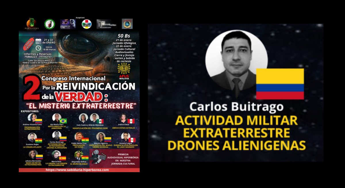 6. ACTIVIDAD MILITAR EXTRATERRESTRE Y DRONES ALIENÍGENAS - CARLOS ALBERTO BUITRAGO (COLOMBIA).
Evidencias que cuestionan la narrativa oficial sobre los drones avistados a nivel mundial, anunciando el desarrollo, desenlace y concreción de la gran conflagración planetaria que se
