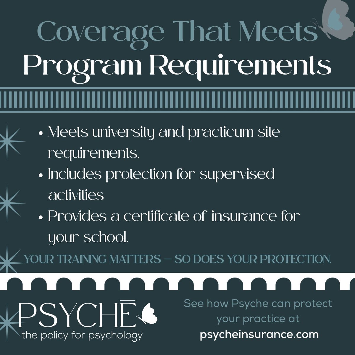 psycheprogram's tweet photo. With Psyche’s student coverage, you’ll have the protection your program requires and the documentation your school needs. Affordable, comprehensive coverage designed to support you from classroom to practicum: https://t.co/aEXhs6GIjV https://t.co/TBfLjheUpN