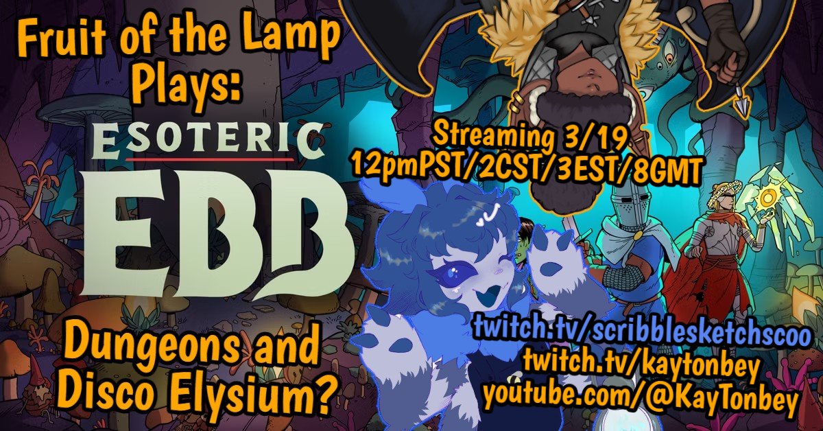 Are you guys ready for the return of our dynamic duo?

I shall be collabing with my fave fruit bat <a href="/KayTonbey/">Kay Tonbey</a> as we check out a game that combines DND and Disco Elysium? Esoteric EBB!

We can't wait to see you all 💖

Thumbnail made by Kay!

#vtuber #twitch #collab