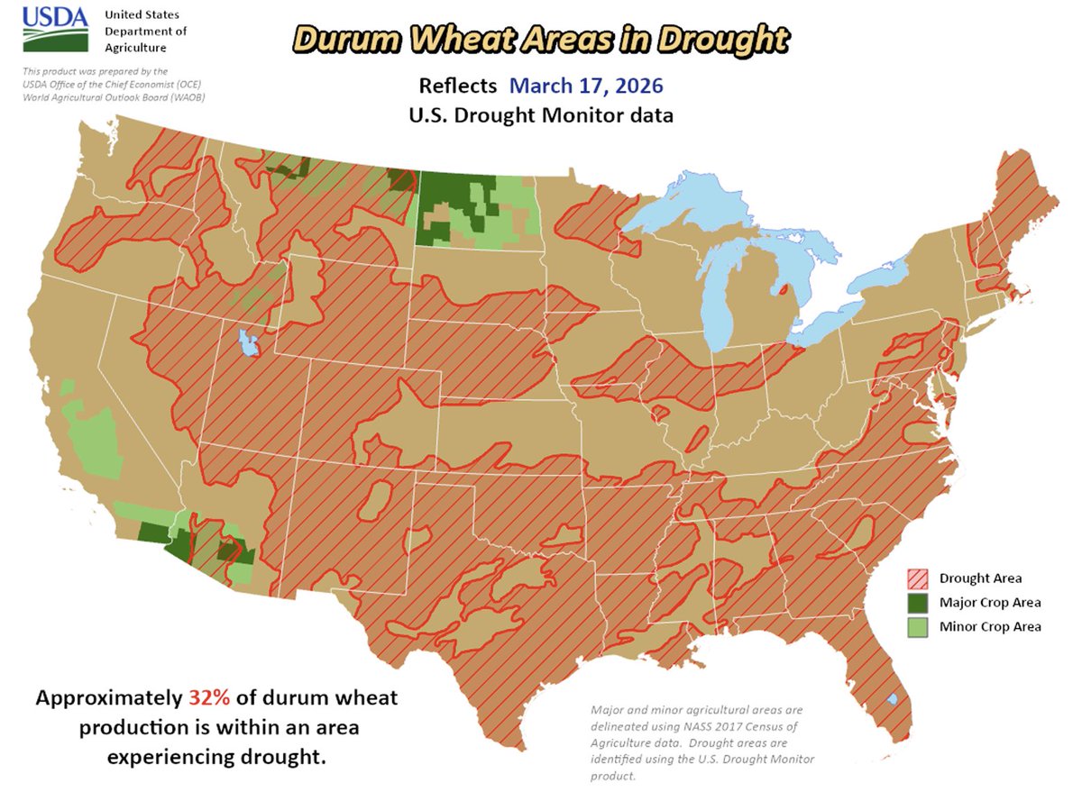 mkt_intl's tweet image. USDA's #drought #monitor (March 17): 32% of #durum #wheat areas are experiencing drought (+5 p.p. w/w and -28 p.p. compared to LY).
@DroughtCenter