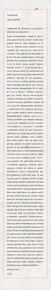 smyryms's tweet photo. 2024 Kasım seyahatimden, notlarımda rastlayıverdim. 

Burada da duruversin. 

İyilik iyidir, ama bazen hiç kolay değildir. https://t.co/9PnVxwWQ1g