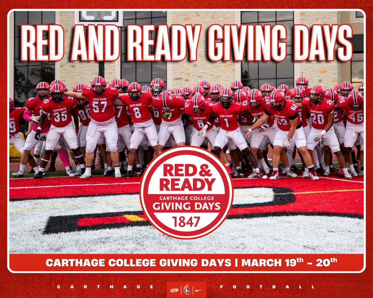 Firebirds_FB's tweet photo. 🔥Today and tomorrow is Carthage College’s Red &amp; Ready Giving Days! Your contributions help fuel the future of Carthage! We look forward to your support! Click the link to donate!🔥

🔗 https://t.co/2Z3LnpfR6R… 

Please designate your donation to Carthage Football https://t.co/ZEmbOkTYOB
