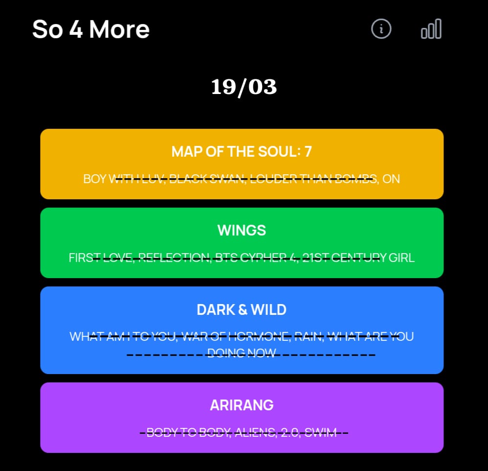 DICAS/HINT BCD GAMES 19/03

HEARDLE: Versão Hyundai/ 
Myyy Moment is Y_T  T_ C_ME

FILM OUT: solo Jimin/ Álbum MUSE/ 
CL_S_R  TH_N  TH_S

BLUE AND GREY: Not Not "T_DAY"

#BCDapp #BCDgames