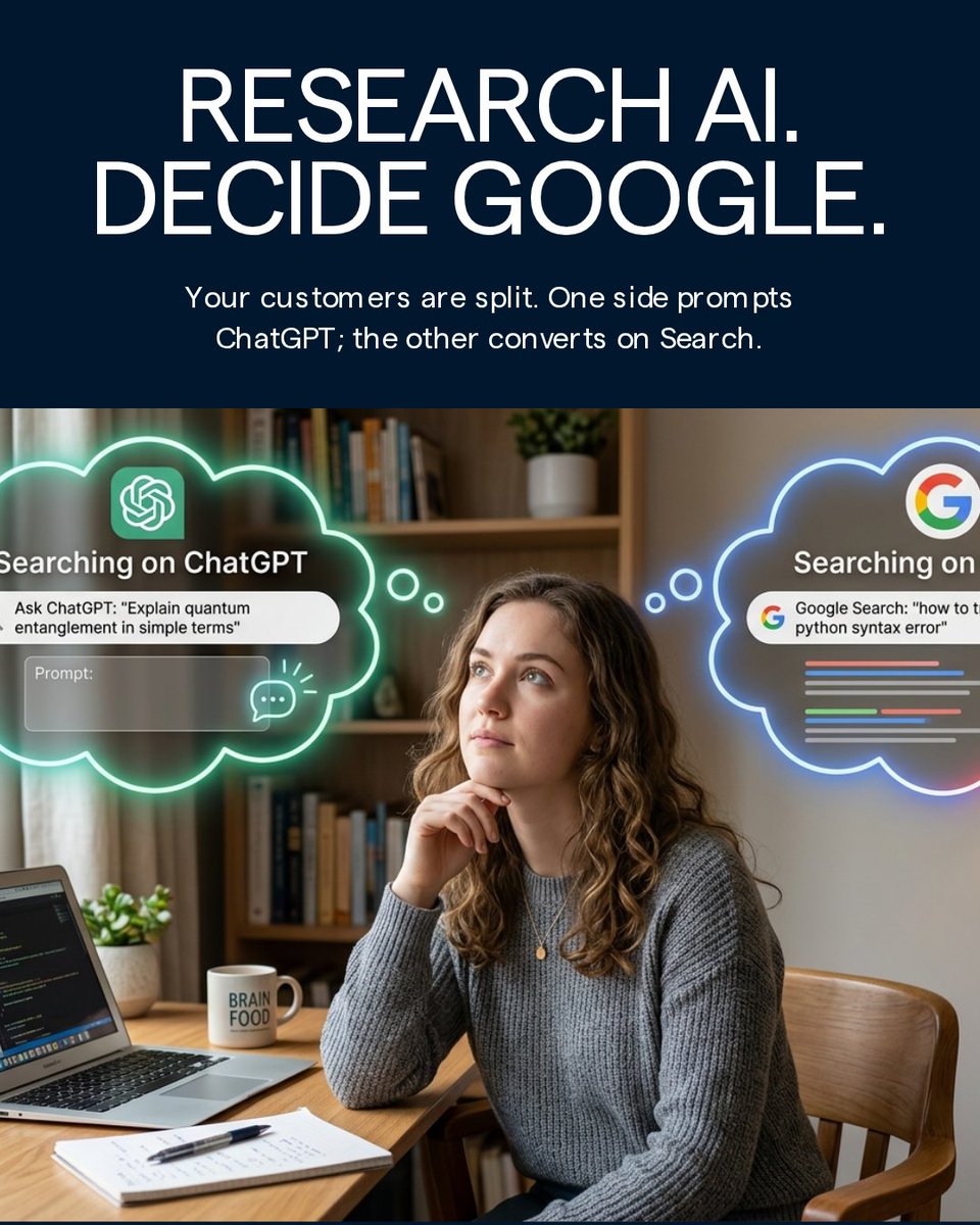 boostoneseo's tweet photo. Your customers research on ChatGPT then buy on Google. 
If your brand isn't showing up in AI answers, you're not even making it to the Google search.
Most businesses are optimizing for one half of the buyer journey and wondering why conversions are dropping.
The funnel changed. https://t.co/zc4M4gBDUH