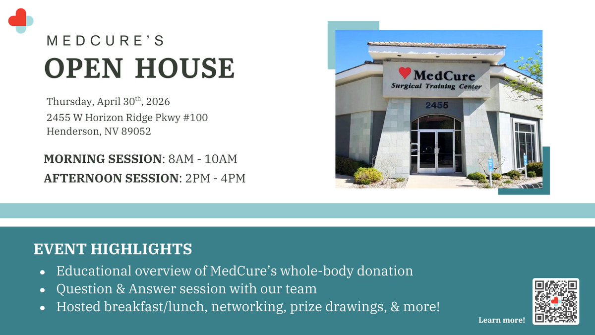 MedCure_'s tweet image. You're invited to MedCure's Open House in Henderson, NV!

Learn more about whole-body donation, meet our team, and discover how donors help support medical education and research.

Two sessions available. We hope to see you there!
#healthcareeducation #nevadaevents #openhouse