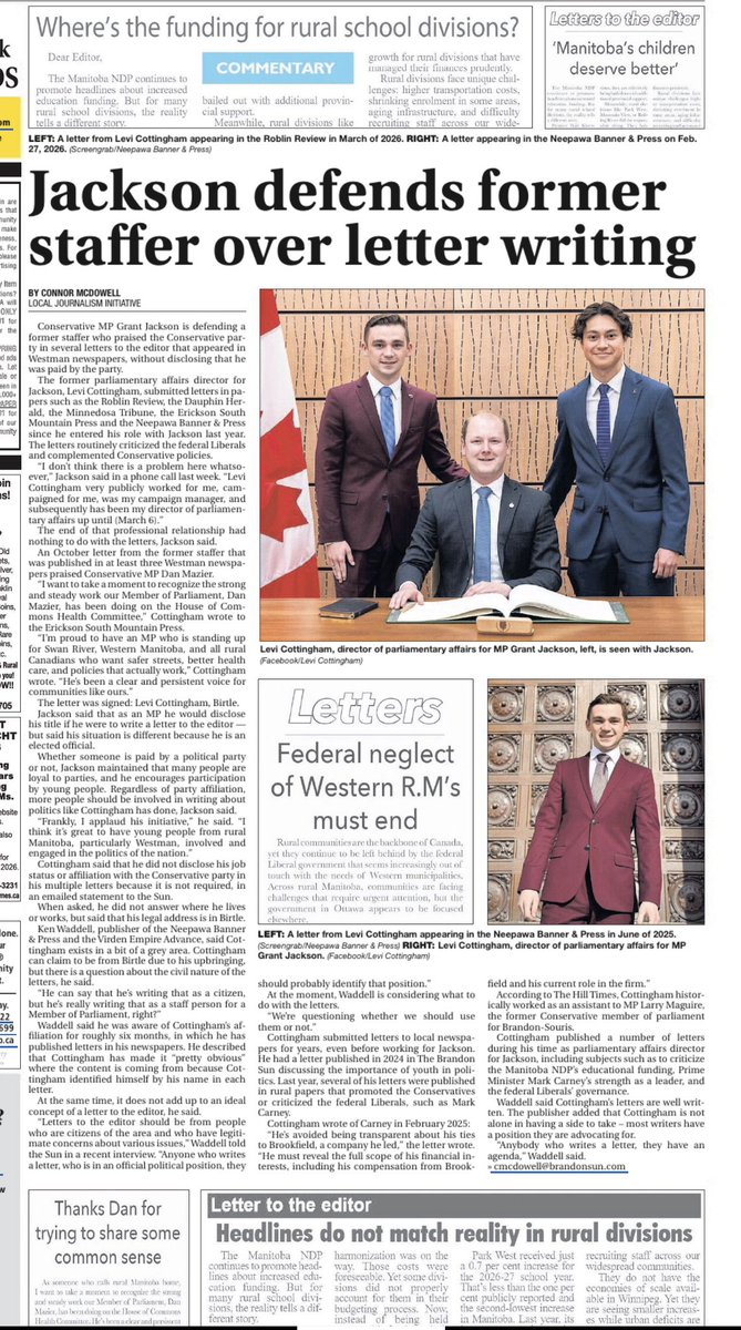 L_Cottingham02's tweet photo. BREAKING NEWS: Young Conservative has views.

Must’ve been a slow news day in Brandon 🤦‍♂️🤦‍♂️

@thebrandonsun https://t.co/yEhJTKajy7