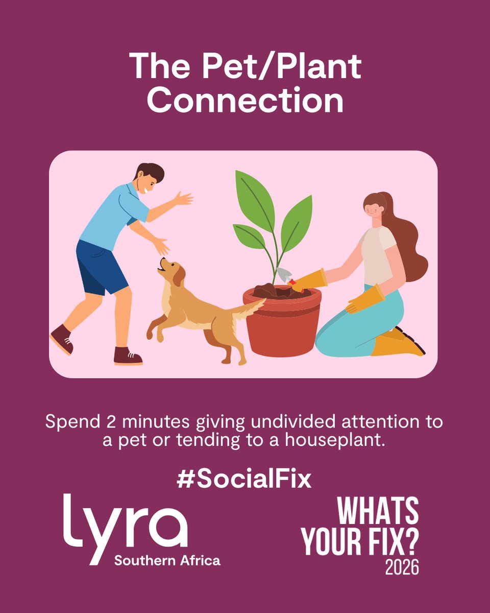 lyrasouthafrica's tweet image. The Fix: 🌵🐶 Spend 2 minutes of undivided attention on a pet or a houseplant.
✅ Lowers blood pressure.
✅ Boosts "feel-good" hormones.
✅ Resets your focus.

You’ll feel more human and less like a machine. 

#SocialFix #PlantPower #PetTherapy #WhatsYourFix2026 #LyraSA