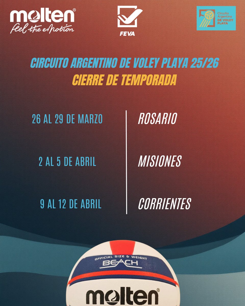 Voley_FeVA's tweet photo. #CAVP ¡Se acerca el cierre de la temporada con tres fechas más en el circuito 🙌!

🏐 Rosario, un viejo conocido para cerrar marzo 

🏐 Misiones, ¡por primera vez sede!

🏐 Y nos despedimos en Corrientes para otra fiesta del Beach Volley allí 

¡Los esperamos 🤩! https://t.co/oEx6LV7SIk
