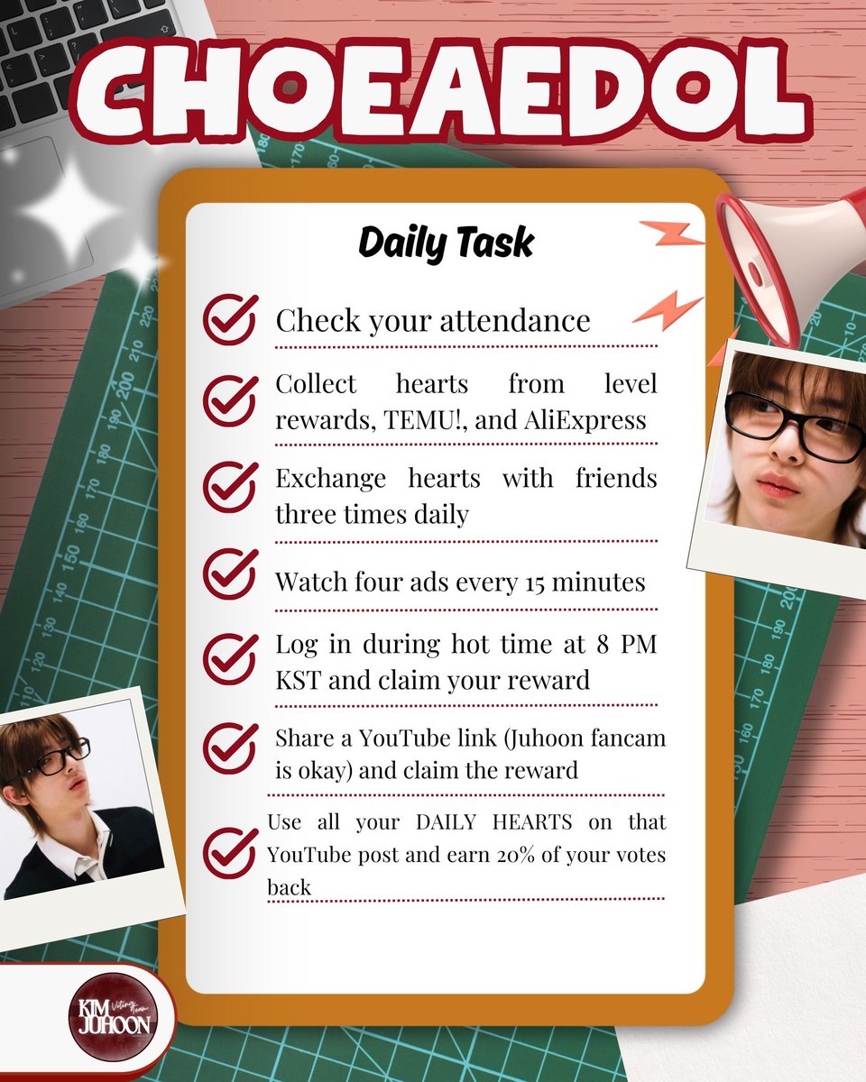 📋 260320 | Choeaedol Daily Tasks

Coers and Juhooniverse! 
Here are your daily tasks for collecting hearts on the Choeaedol app. 

Please use ONLY your Daily Hearts to vote, and save your Ever Hearts for Juhoon’s upcoming polls!❤️

Guide: bit.ly/CHOEAEDOLJUHOON

#VoteForJuhoon