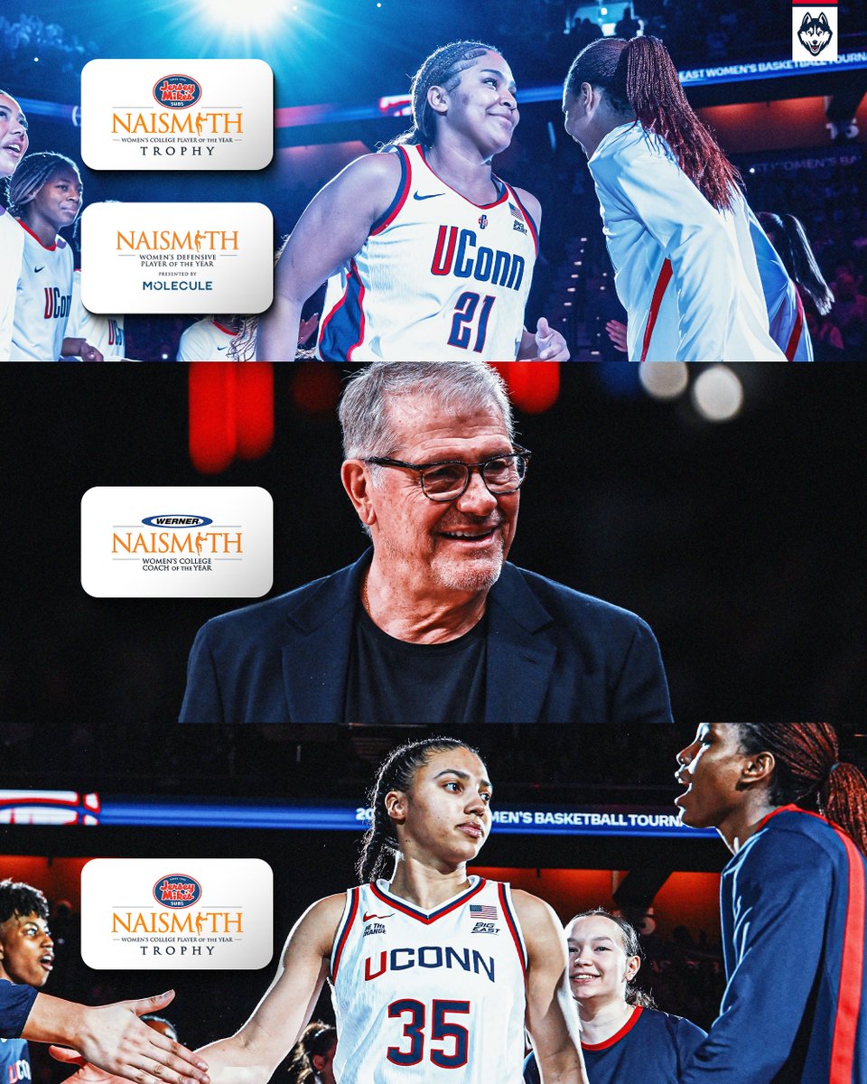 UConnWBB's tweet image. Love seeing Huskies on the Naismith semifinalist lists!

Geno Auriemma: Naismith Coach of the Year
Azzi Fudd: Naismith Player of the Year
Sarah Strong: Naismith Player of the Year, Naismith Defensive Player of the Year