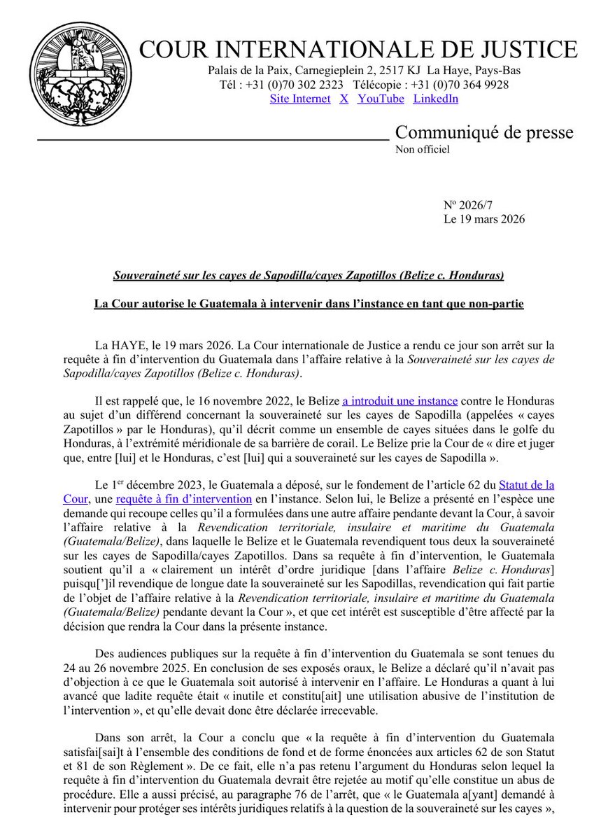 CIJ_ICJ's tweet image. COMMUNIQUÉ : la #CIJ autorise le Guatemala à intervenir en tant que non-partie en l’affaire relative à la Souveraineté sur les cayes de Sapodilla/cayes Zapotillos (#Belize c. #Honduras).

Lien vers le communiqué : go.icj-cij.org/4lNYNKH