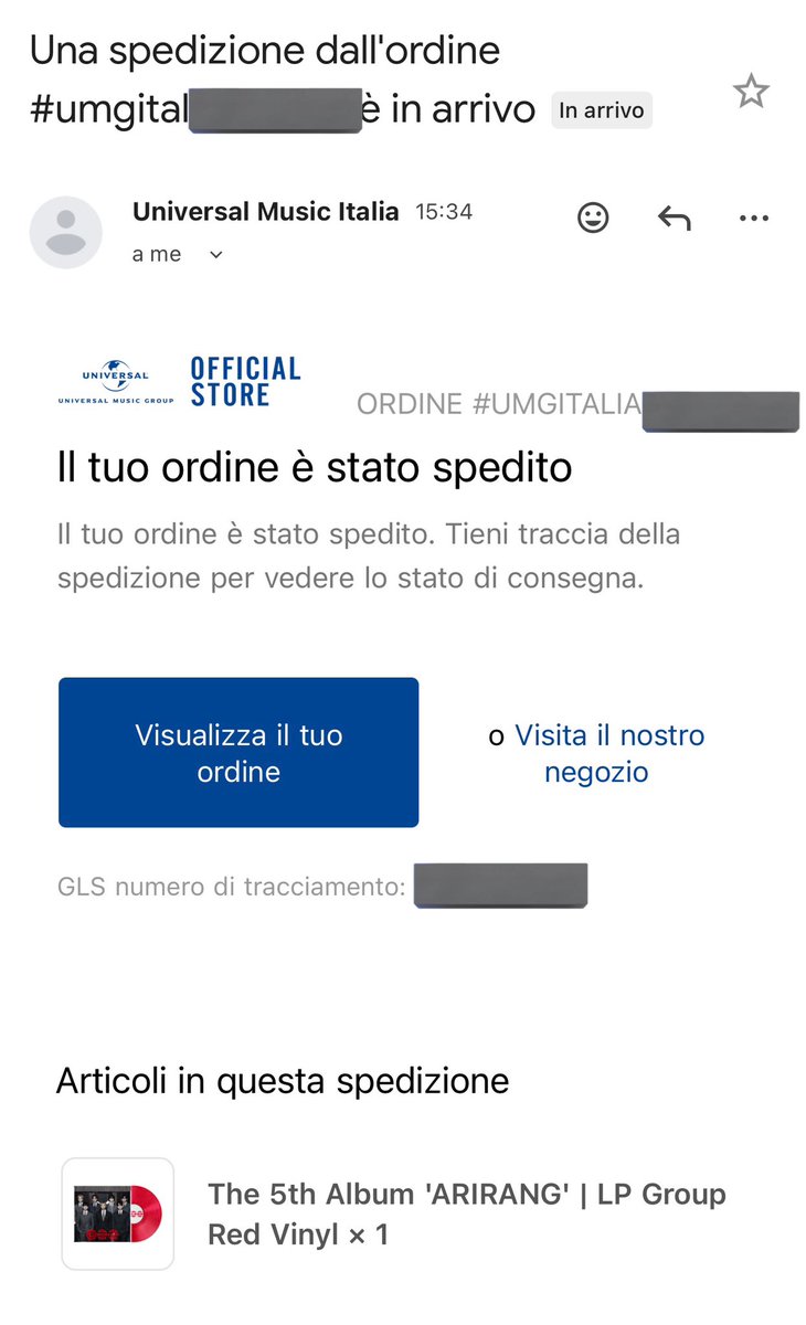Stanno iniziando ad assegnare i codici di spedizione ai pacchi da UMI, infatti se cliccate sul codice di tracciamento vi dirà che il pacco non è ancora stato affidato al corriere. Verranno spediti verosimilmente domani✨
#BTS_ARIRANG